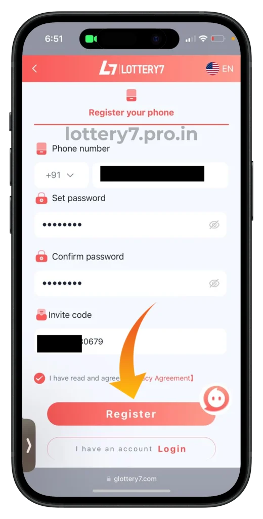 Lottery 7 Login screen interface